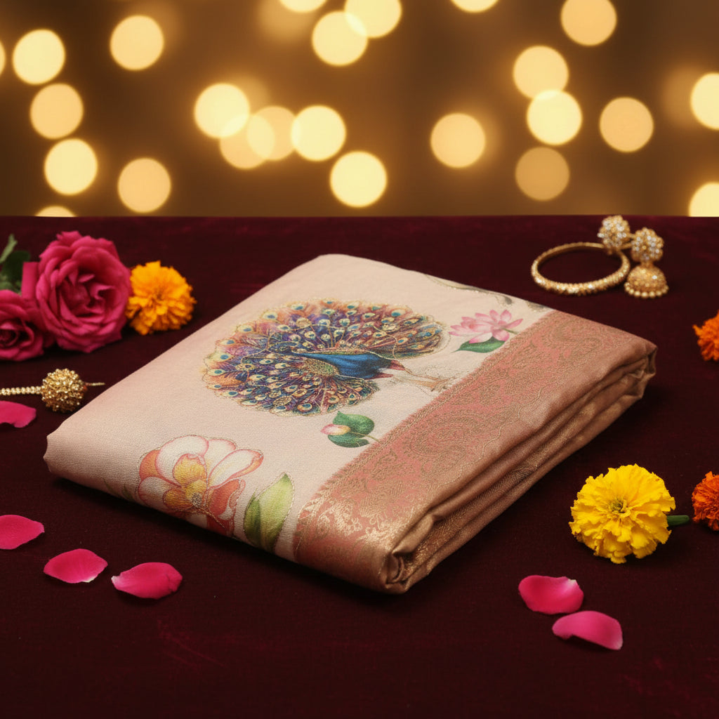 Decorative fabric with peacock design on a dark surface with flowers and jewelry.
