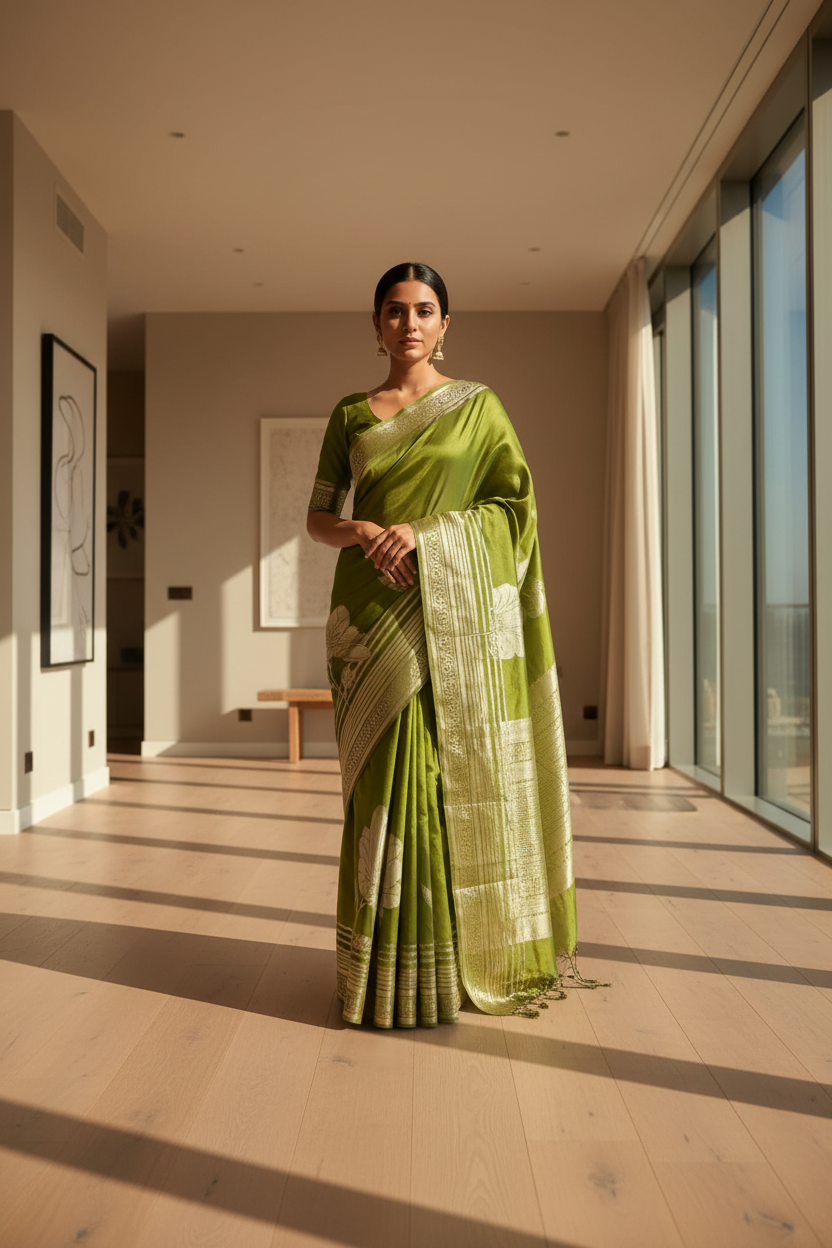Woman in a green saree standing in a modern interior setting